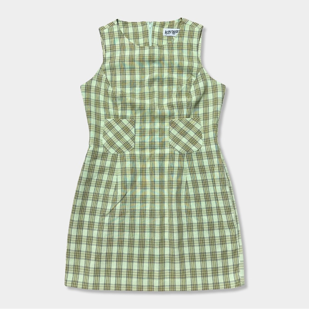 Vtg 90s 00s Y2K Grunge Mod Clueless Preppy Grn Tartan Plaid Pocket Mini Dress S
